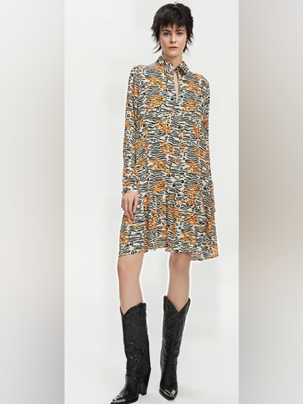 Long Sleeve Silk Blend Mini Dress with Orange Wild Print Pattern Misses 8/10